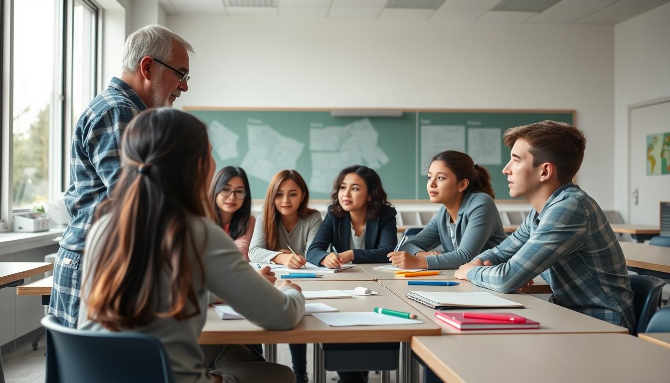 Students studying together in modern classroom